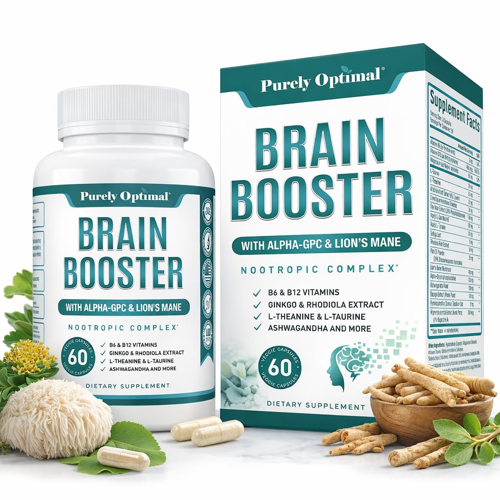 Purely Optimal Brain Booster Nootropic Supplement – Brain Support for Memory, Focus, Clarity, Jitter-Free Energy for Adults, Seniors– with Ginkgo Biloba, Alpha GPC, Lion’s Mane – 60 Capsules - Maple Wellness Supplements