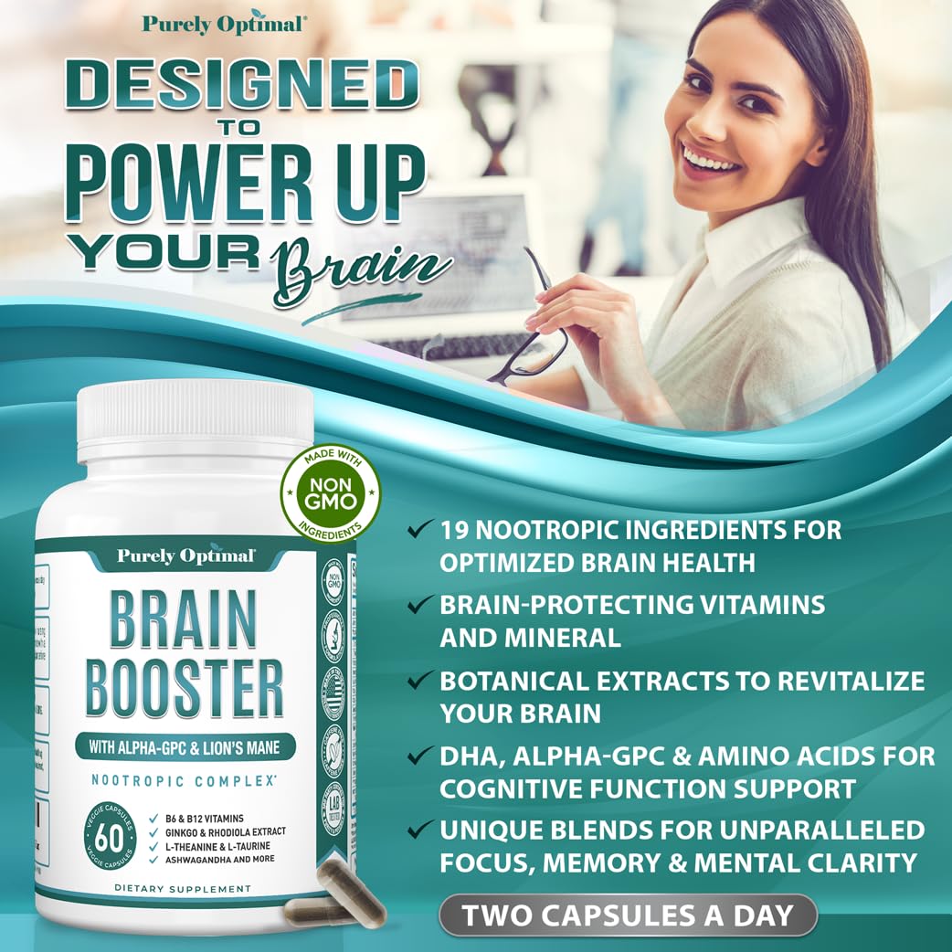 Purely Optimal Brain Booster Nootropic Supplement – Brain Support for Memory, Focus, Clarity, Jitter-Free Energy for Adults, Seniors– with Ginkgo Biloba, Alpha GPC, Lion’s Mane – 60 Capsules - Maple Wellness Supplements
