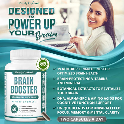 Purely Optimal Brain Booster Nootropic Supplement – Brain Support for Memory, Focus, Clarity, Jitter-Free Energy for Adults, Seniors– with Ginkgo Biloba, Alpha GPC, Lion’s Mane – 60 Capsules - Maple Wellness Supplements