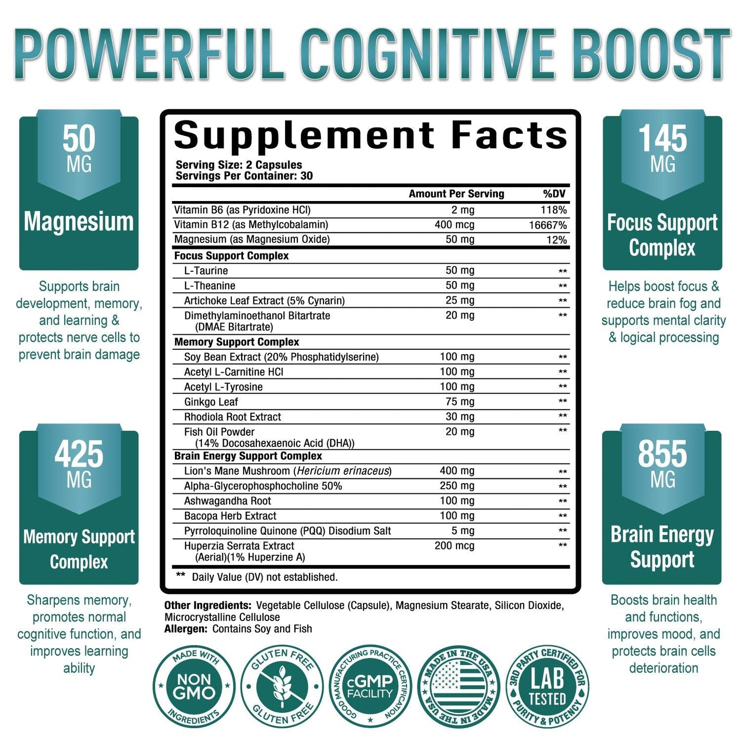Purely Optimal Brain Booster Nootropic Supplement – Brain Support for Memory, Focus, Clarity, Jitter-Free Energy for Adults, Seniors– with Ginkgo Biloba, Alpha GPC, Lion’s Mane – 60 Capsules - Maple Wellness Supplements
