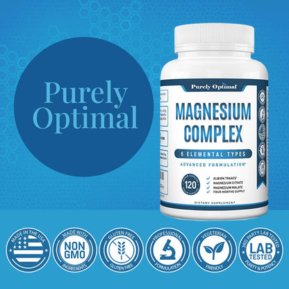Purely Optimal Magnesium Complex - 6 Forms Magnesium Glycinate, Citrate & Malate - Sleep Support, Stress Relief, Muscles, Heart Health & Relaxation - Maple Wellness Supplements