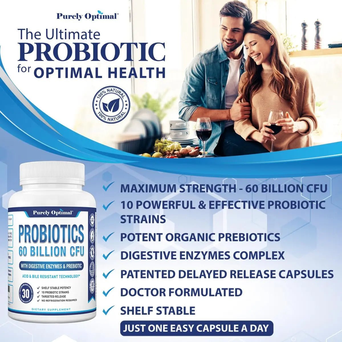 Purely Optimal Probiotics for Digestive Health, 60 Billion CFU – Delayed-Release with Digestive Enzymes & Organic Prebiotics – Bloating, Immune & Energy Support, 30 Caps - Maple Wellness Supplements