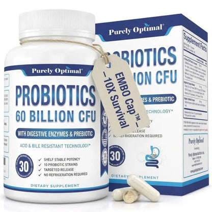 Purely Optimal Probiotics for Digestive Health, 60 Billion CFU – Delayed-Release with Digestive Enzymes & Organic Prebiotics – Bloating, Immune & Energy Support, 30 Caps - Maple Wellness Supplements