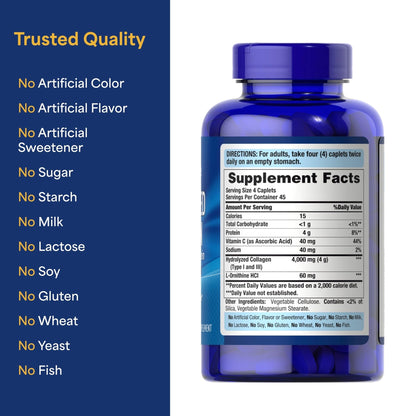 Puritan's Pride Hydrolyzed Collagen Pro-Structural Protein for Men and Women 1000mg, Dietary Supplement for Skin, Bones and Joints, 180 Caplets - Maple Wellness Supplements