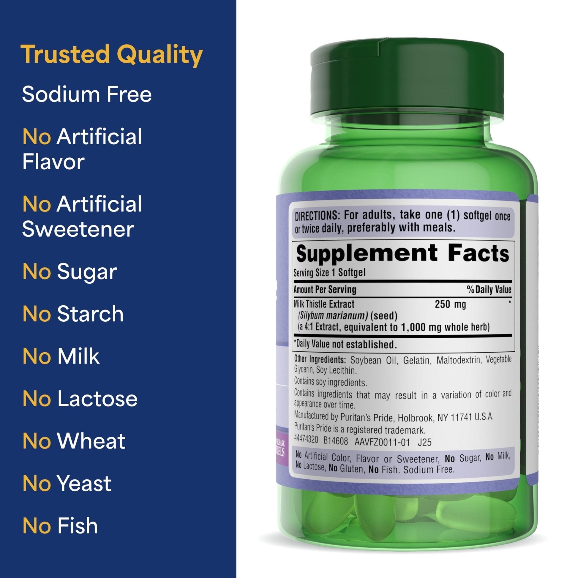 Puritan's Pride Milk Thistle Silymarin 4:1 Concentration Extract 250 mg (1000 mg Equivalent) - Maple Wellness Supplements