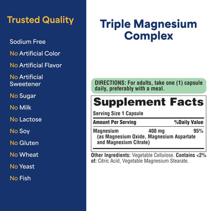 Puritan's Pride Triple Magnesium Complex with Magnesium Oxide, Aspartate, and Citrate 400mg, Dietary Supplement for Muscle, Heart, Nerve, and Bone Support, 120 Rapid Release Capsules - Maple Wellness Supplements