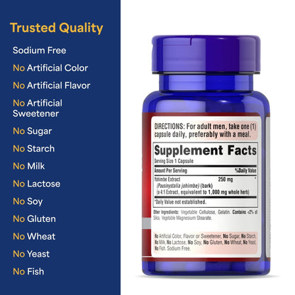 Puritan's Pride Yohimbe Exotic Herb for Men 250 mg (1000mg Equivalent), Dietary Supplement, 50 Rapid Release Capsules - Maple Wellness Supplements
