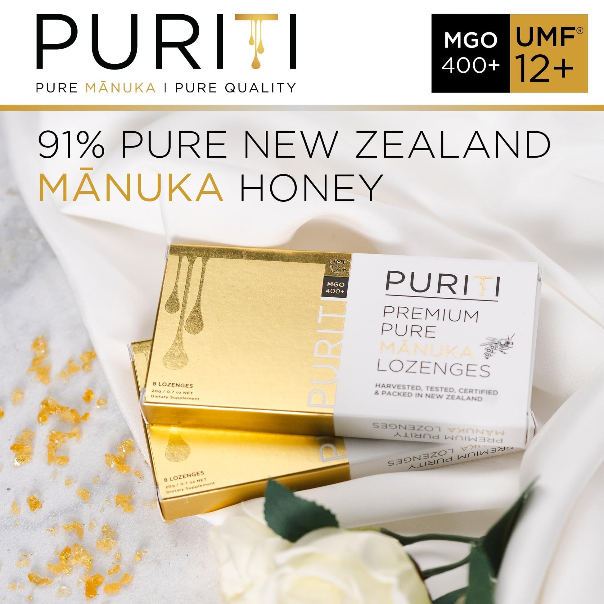 PURITI Premium Manuka Honey Lozenges High Potency - Sugar Free Drops | Genuine New Zealand Raw Manuka Honey Soothers for Coughs & Sore Throats | UMF Certified MGO 400+ UMF12+ (16 Pack) - Maple Wellness Supplements