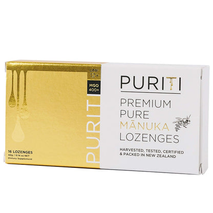 PURITI Premium Manuka Honey Lozenges High Potency - Sugar Free Drops | Genuine New Zealand Raw Manuka Honey Soothers for Coughs & Sore Throats | UMF Certified MGO 400+ UMF12+ (16 Pack) - Maple Wellness Supplements