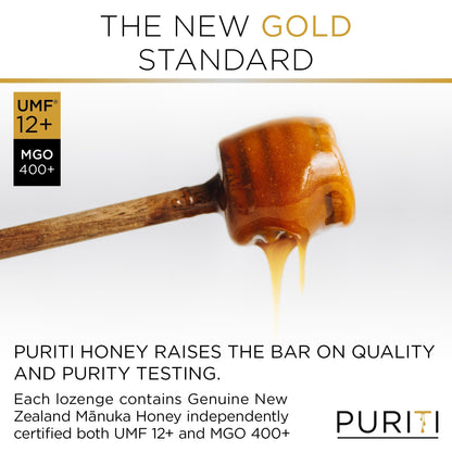 PURITI Premium Manuka Honey Lozenges High Potency - Sugar Free Drops | Genuine New Zealand Raw Manuka Honey Soothers for Coughs & Sore Throats | UMF Certified MGO 400+ UMF12+ (16 Pack) - Maple Wellness Supplements