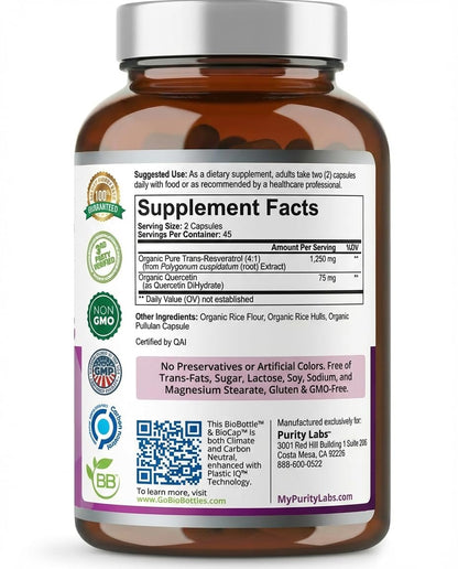 Purity Labs Trans-Resveratrol Supplement 5,000 mg Equivalent per Serving with Quercetin, USDA Organic High Potency Antioxidant, - Maple Wellness Supplements