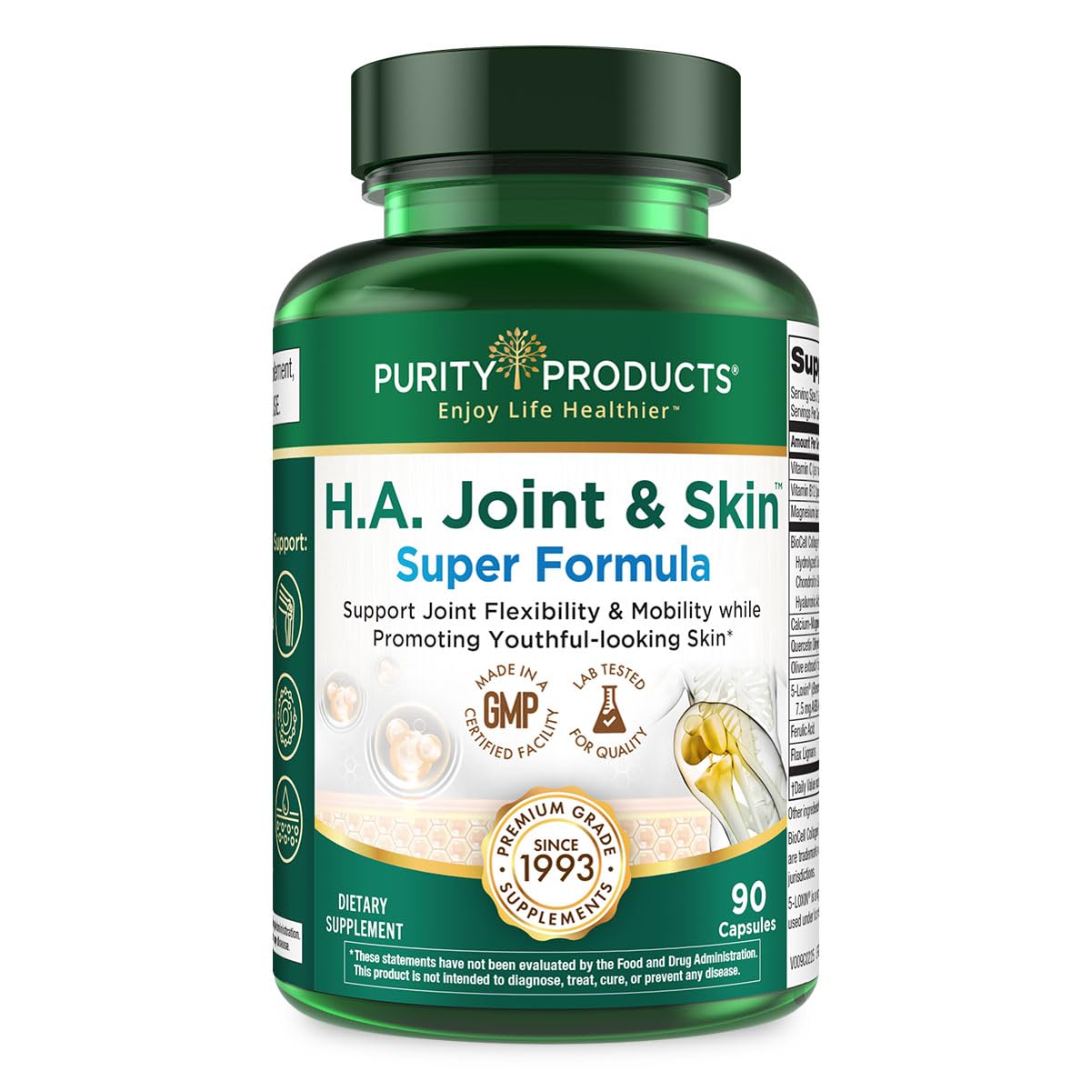 Purity Products H.A. Joint and Skin Super Formula Biocell Collagen w/Hyaluronic Acid Supports Healthy Joint Flexibility, Healthy Synovial Fluid, and Lubrication - 5-Loxin - 90 Capsules (1) - Maple Wellness Supplements