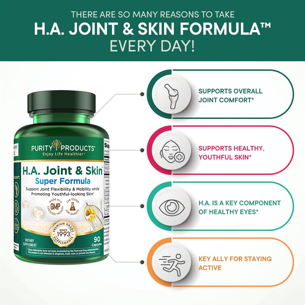 Purity Products H.A. Joint and Skin Super Formula Biocell Collagen w/Hyaluronic Acid Supports Healthy Joint Flexibility, Healthy Synovial Fluid, and Lubrication - 5-Loxin - 90 Capsules (1) - Maple Wellness Supplements