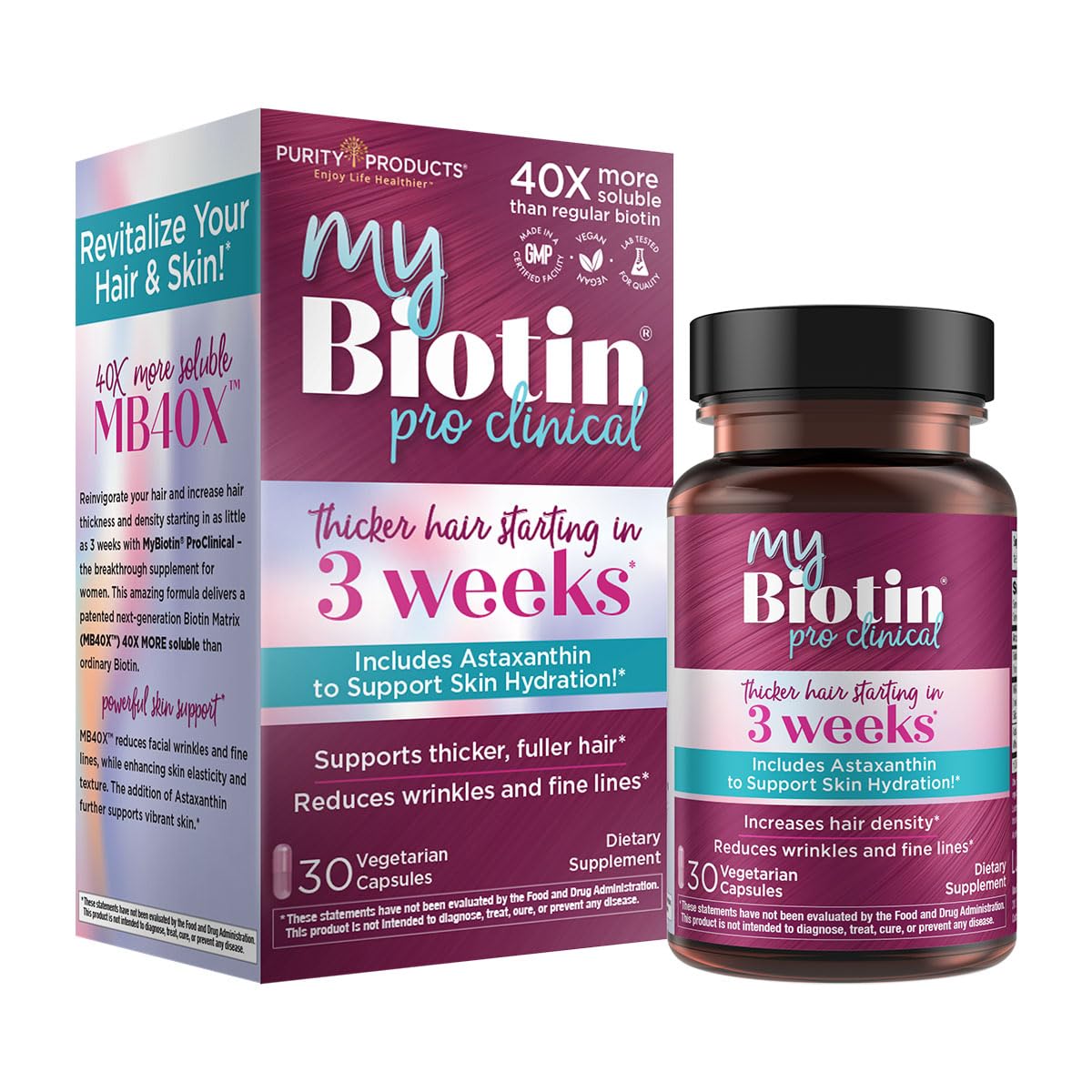 Purity Products MyBiotin ProClinical – Thicker Hair Starting in 3 Weeks & Fights Wrinkles - MB40X Patented Biotin Vitamin B7 Matrix w/Astaxanthin - Maple Wellness Supplements