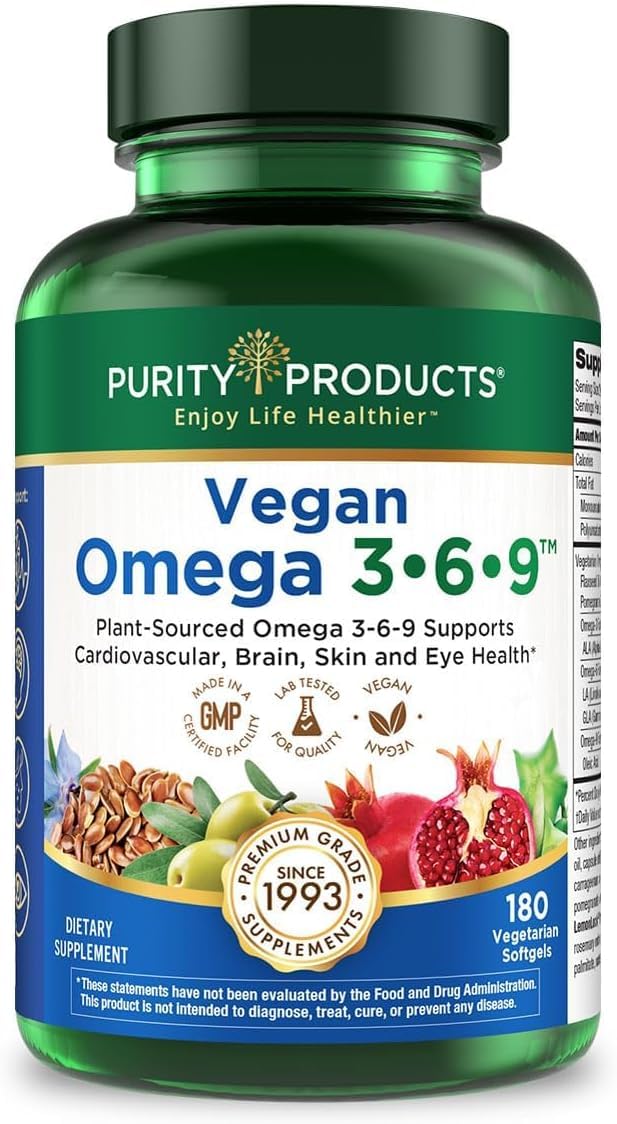 Purity Products Vegan Omega 3 6 9 Formula - “5 in 1” Essential Fatty Acid Complex - Scientifically Formulated Plant-Based Vegan Omega 3-6-9 Essential Fatty Acids - Maple Wellness Supplements