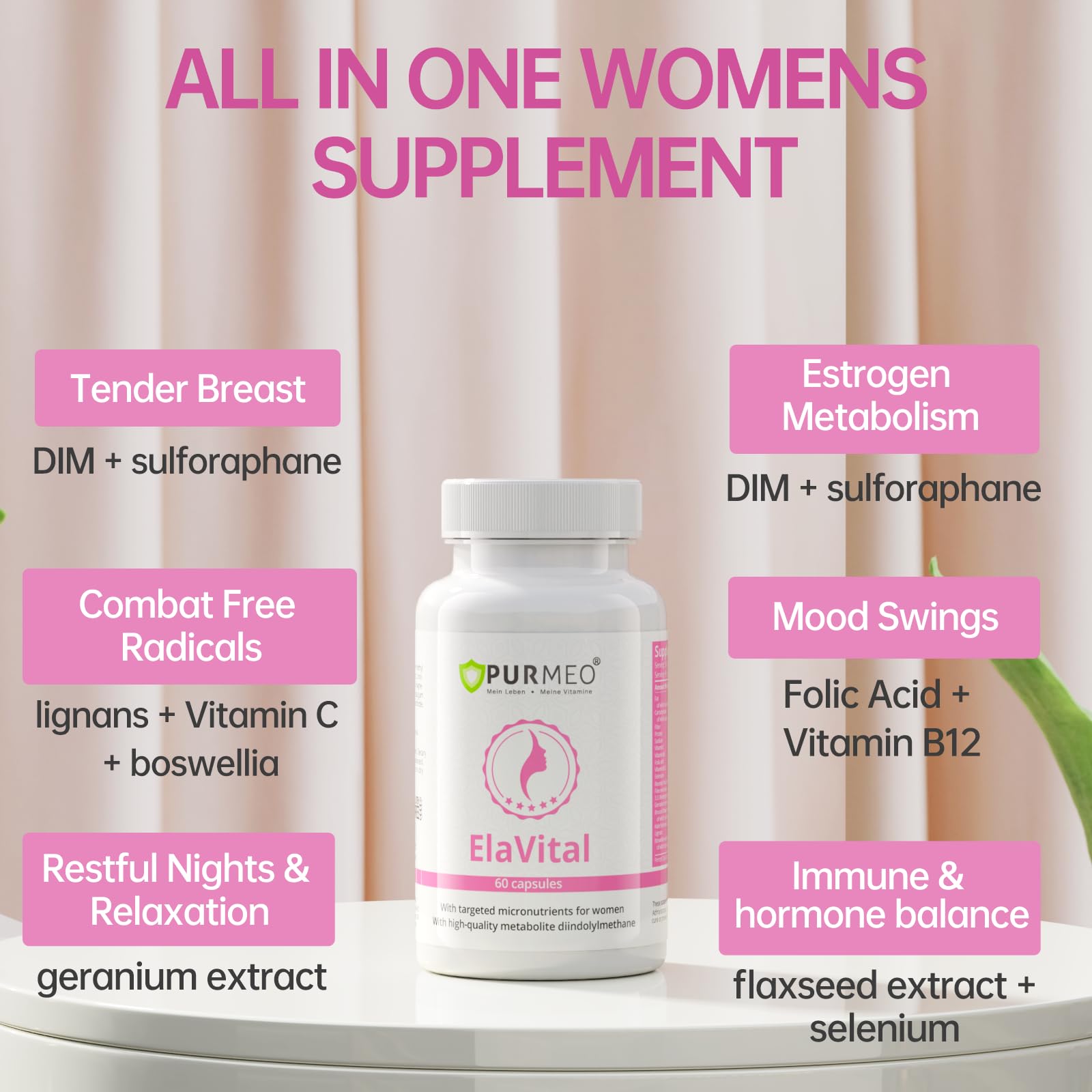 purmeo DIM Supplement for Women, Patented Formula Diindolylmethane Support Estrogen Hormone Balance & Breast Health, Non-GMO, 60ct Vegan Capsules - Maple Wellness Supplements