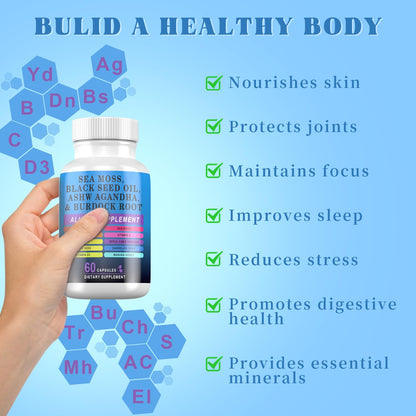 Pyzor Sea Moss Black Seed Oil Ashwagandha Turmeric Bladderwrack Burdock, Elderberry Manuka Dandelion, Burdock Root Turmeric Vitamin D3 Chlorophyll - 60 Capsules - Maple Wellness Supplements