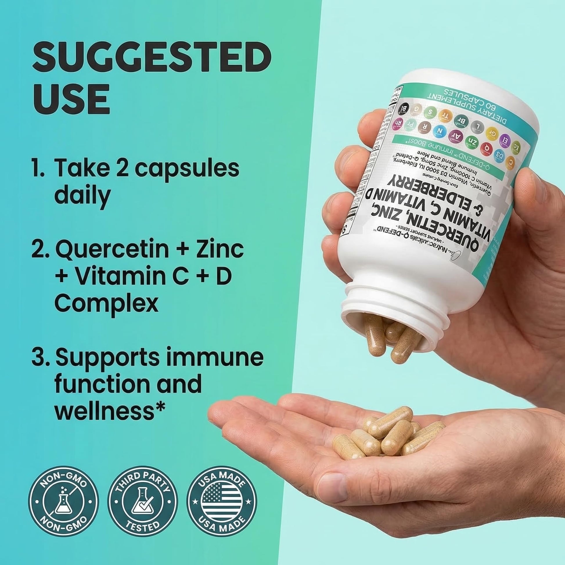 Q Defend Quercetin Supplement with Zinc Vitamin C Vitamin D Elderberry Turmeric Black Pepper Garlic Ginger Sea Moss Lysine Stinging Nettle Reishi Mushroom Immune - Maple Wellness Supplements