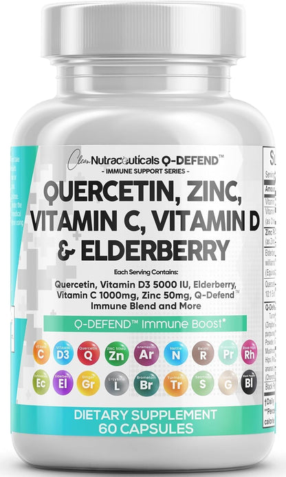 Q Defend Quercetin Supplement with Zinc Vitamin C Vitamin D Elderberry Turmeric Black Pepper Garlic Ginger Sea Moss Lysine Stinging Nettle Reishi Mushroom Immune - Maple Wellness Supplements