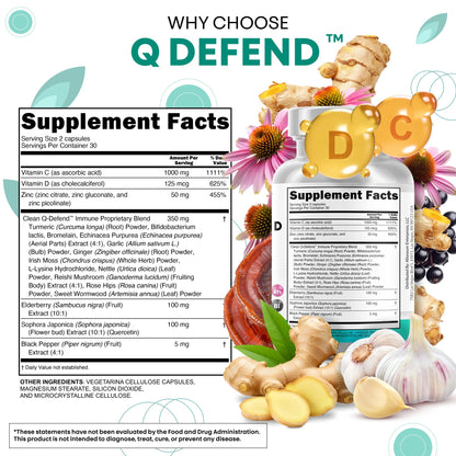 Q Defend Quercetin Supplement with Zinc Vitamin C Vitamin D Elderberry Turmeric Black Pepper Garlic Ginger Sea Moss Lysine Stinging Nettle Reishi Mushroom Immune - Maple Wellness Supplements