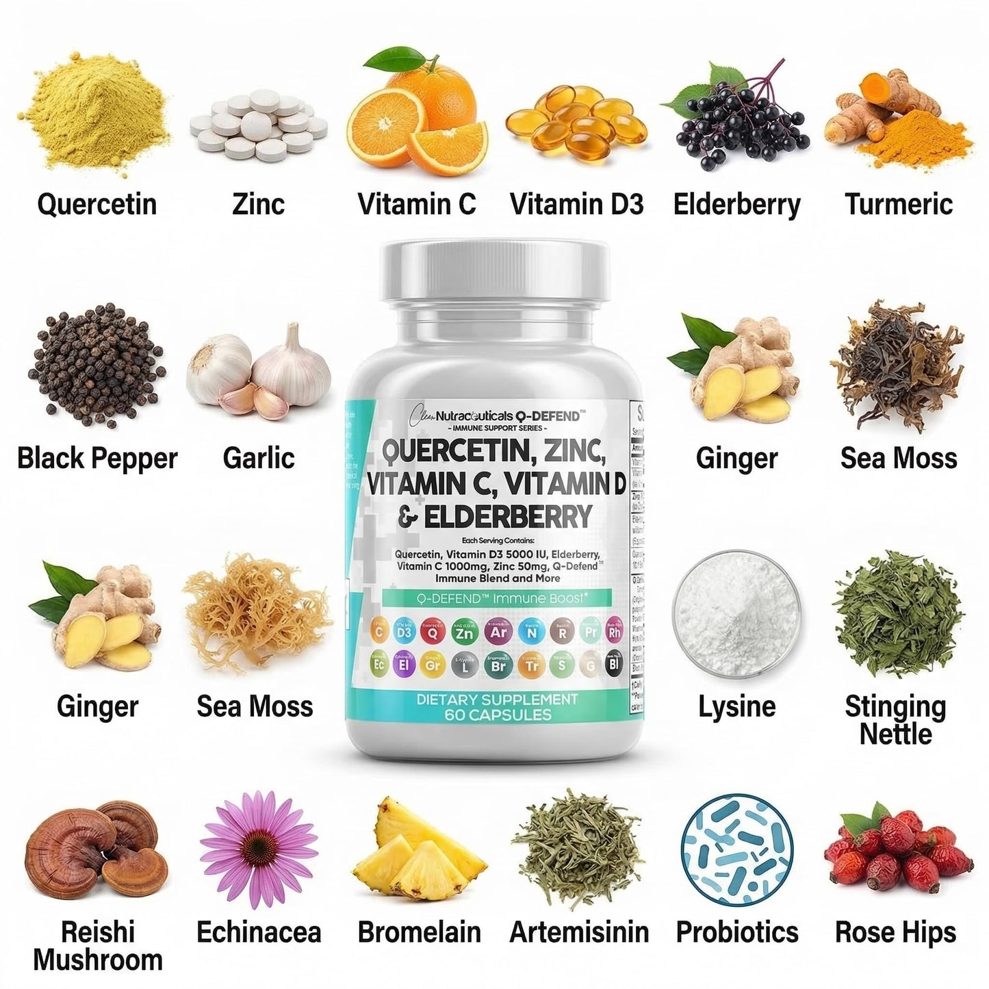Q Defend Quercetin Supplement with Zinc Vitamin C Vitamin D Elderberry Turmeric Black Pepper Garlic Ginger Sea Moss Lysine Stinging Nettle Reishi Mushroom Immune - Maple Wellness Supplements