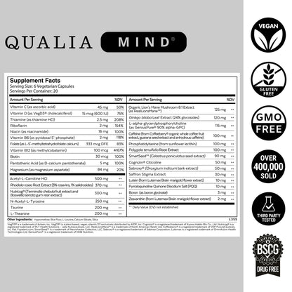 Qualia Life Sciences Qualia Mind | The Ultimate Blend for Brain Health* | Doctor-Formulated Nootropic to Fuel Focus & Concentration* | Supports Long Term Brain Health| Maintain Drive & Productivity - Maple Wellness Supplements