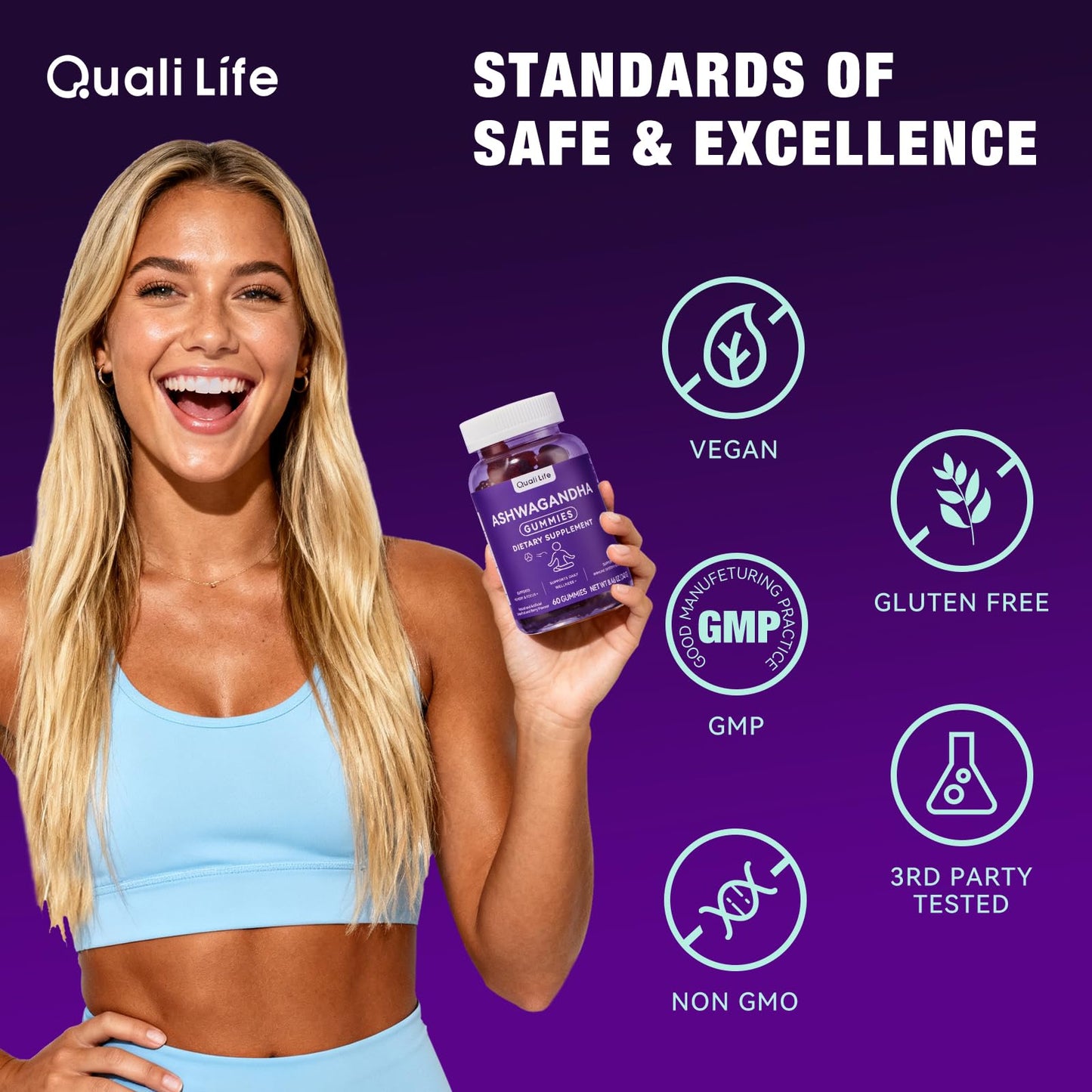 QualiLife Ashwagandha Gummies for Relax & Cortisol Support – High Strength Root Extract with Cranberry & Chaste Tree, Grapefruit & Berry Flavour – Vegan, Non-GMO, Gluten-Free – 60 Gummies (30 Days) - Maple Wellness Supplements