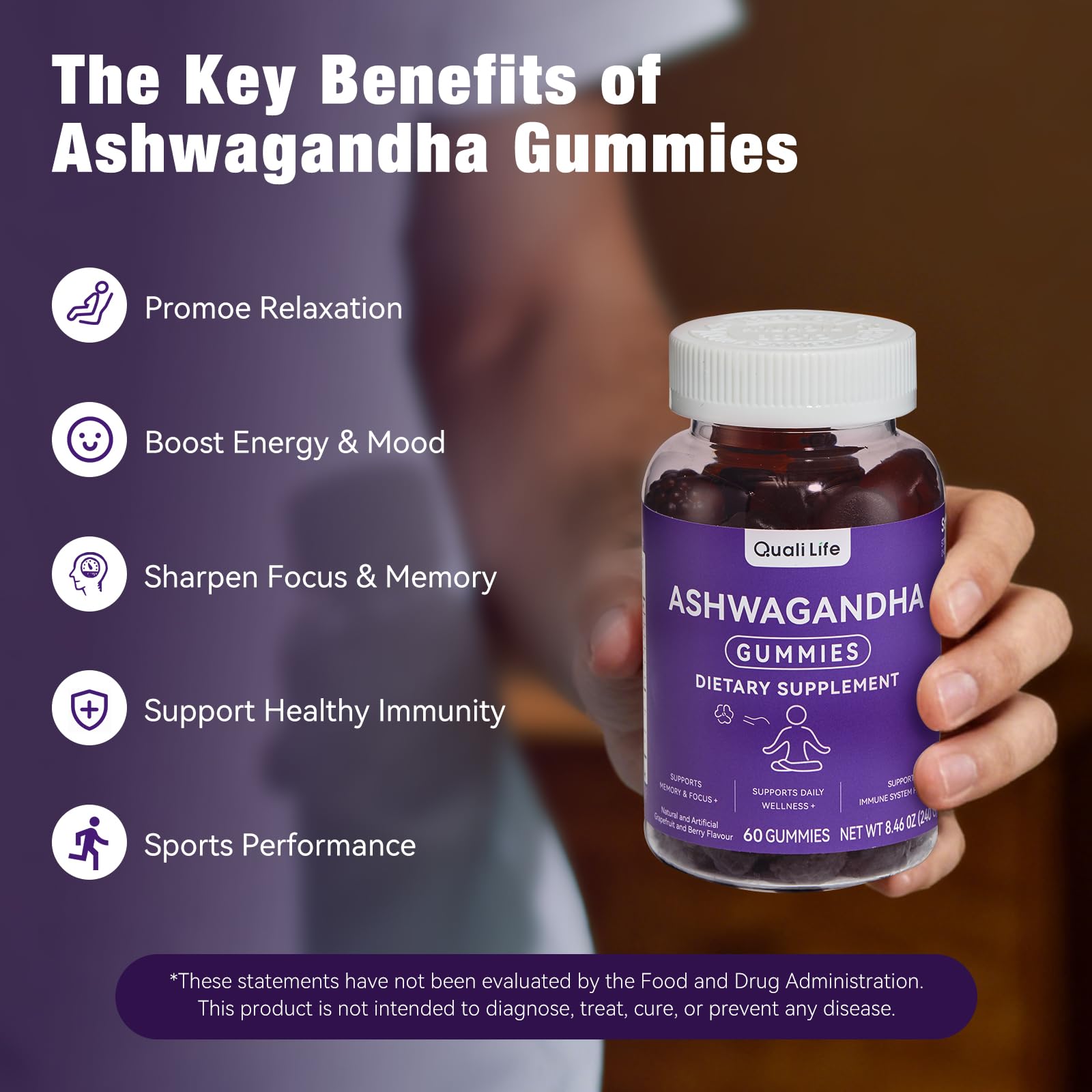 QualiLife Ashwagandha Gummies for Relax & Cortisol Support – High Strength Root Extract with Cranberry & Chaste Tree, Grapefruit & Berry Flavour – Vegan, Non-GMO, Gluten-Free – 60 Gummies (30 Days) - Maple Wellness Supplements