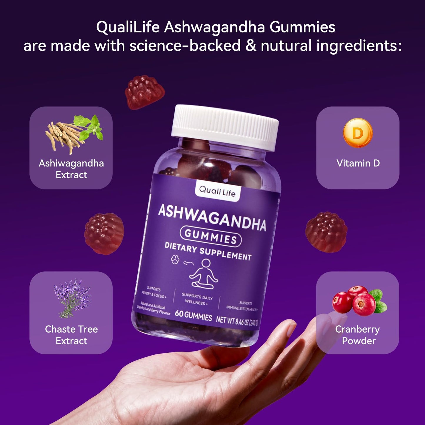 QualiLife Ashwagandha Gummies for Relax & Cortisol Support – High Strength Root Extract with Cranberry & Chaste Tree, Grapefruit & Berry Flavour – Vegan, Non-GMO, Gluten-Free – 60 Gummies (30 Days) - Maple Wellness Supplements