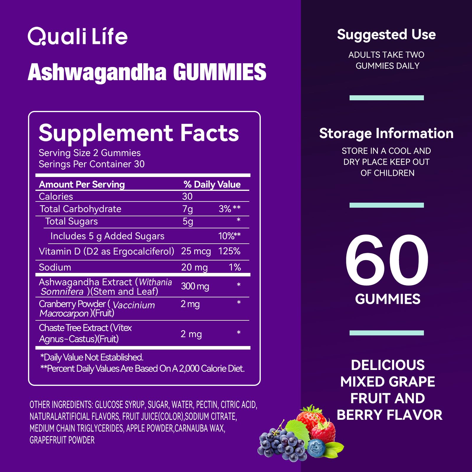 QualiLife Ashwagandha Gummies for Relax & Cortisol Support – High Strength Root Extract with Cranberry & Chaste Tree, Grapefruit & Berry Flavour – Vegan, Non-GMO, Gluten-Free – 60 Gummies (30 Days) - Maple Wellness Supplements