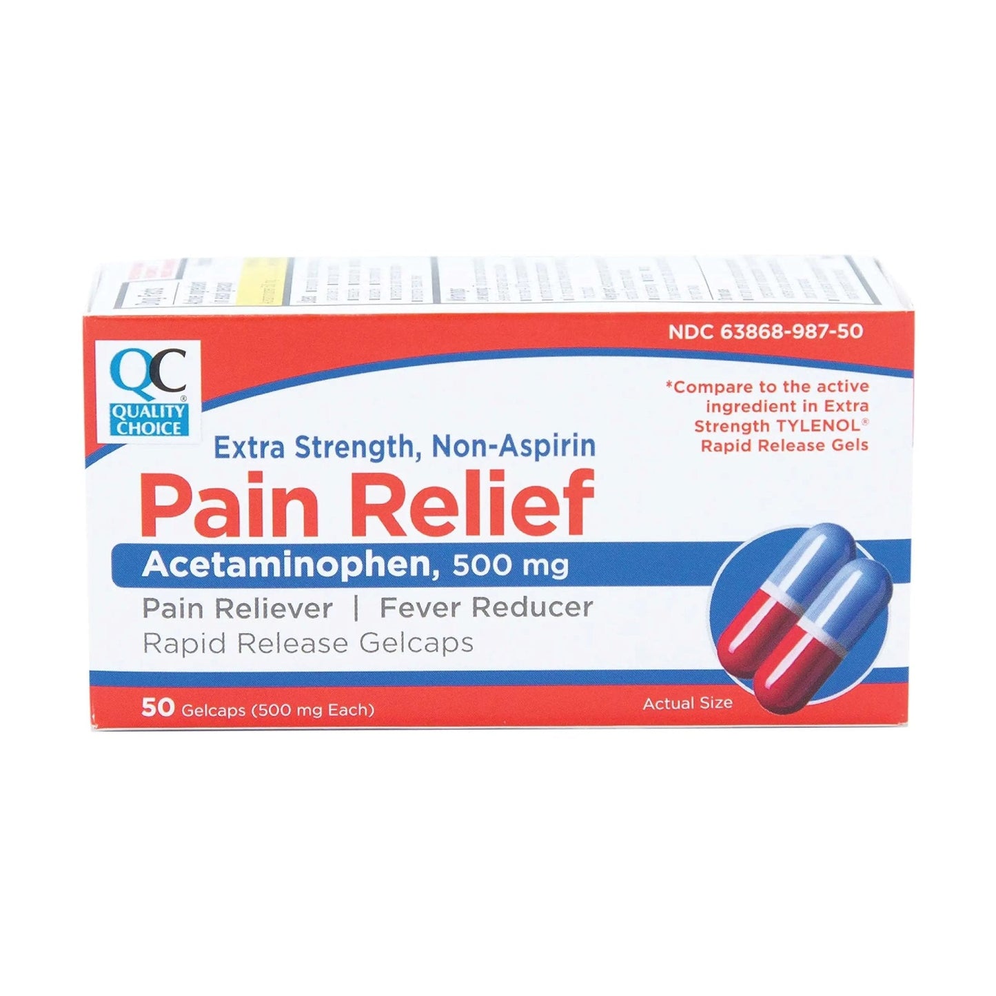 Quality Choice, Extra Strength, Non Aspirin Pain Relief, Acetaminophen 500 MG, Pain Reliever & Fever Reducer, Rapid Release Gelcaps, 50 Count Package - Maple Wellness Supplements