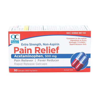 Quality Choice, Extra Strength, Non Aspirin Pain Relief, Acetaminophen 500 MG, Pain Reliever & Fever Reducer, Rapid Release Gelcaps, 50 Count Package - Maple Wellness Supplements