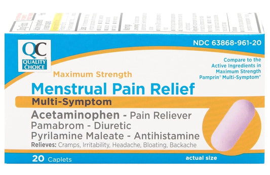 Quality Choice Maximum Strength Mentrual Pain Relief, Multi Symptom Pain Relief Caplets, Cramps, Headache, Bloating, Backache & Irritability, 20 Count Package - Maple Wellness Supplements