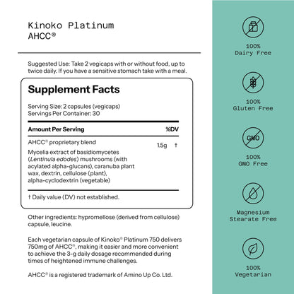 Quality of Life Premium Kinoko Platinum AHCC Herbal Supplement, 750mg per Capsule, for Immune Support, Liver Function, Maintains Natural Killer Cell Activity - Maple Wellness Supplements