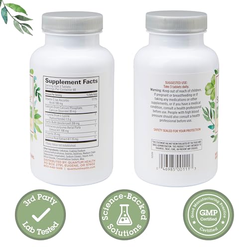 Quantum Health Super Lysine+ / Advanced Formula Lysine+ Immune Support with Vitamin C, Echinacea, Licorice, Propolis, Odorless Garlic - Maple Wellness Supplements