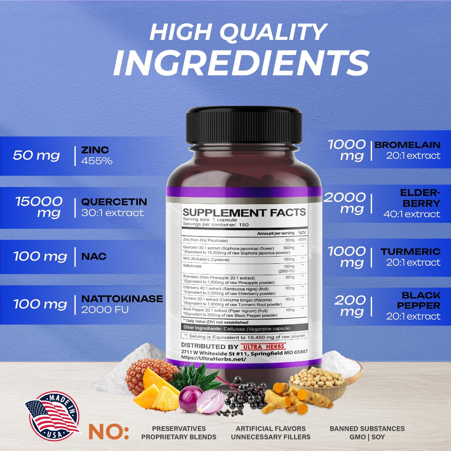 Quercetin 19,450mg 8 IN 1 with NAC, Nattokinase, Zinc, Bromelain, Elderberry, Turmeric - Maple Wellness Supplements