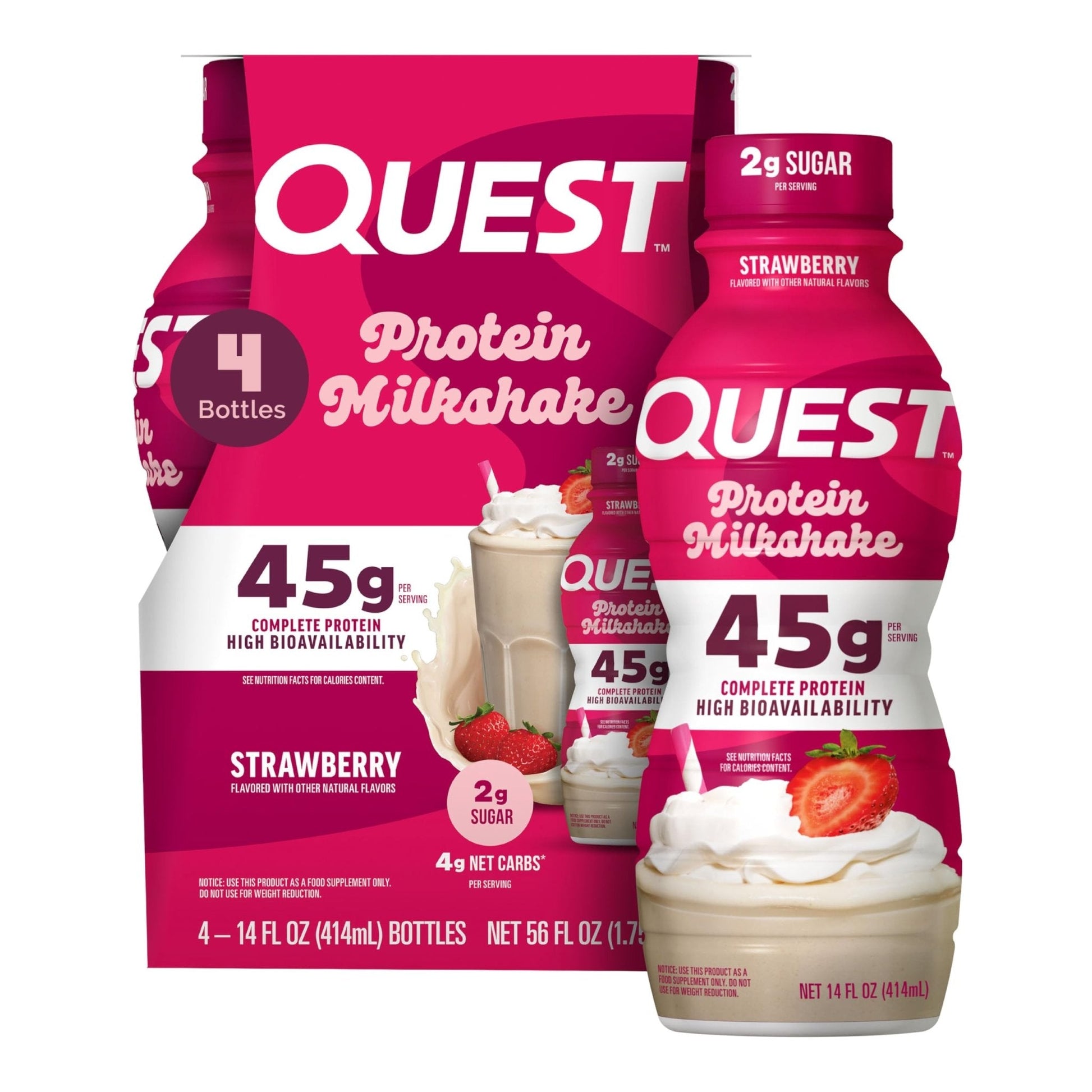 Quest Nutrition Strawberry Protein Shake, 45g Protein, 2g Sugar, 4g Net Carbs, Ready to Drink, Gluten Free, 4 Count - Maple Wellness Supplements