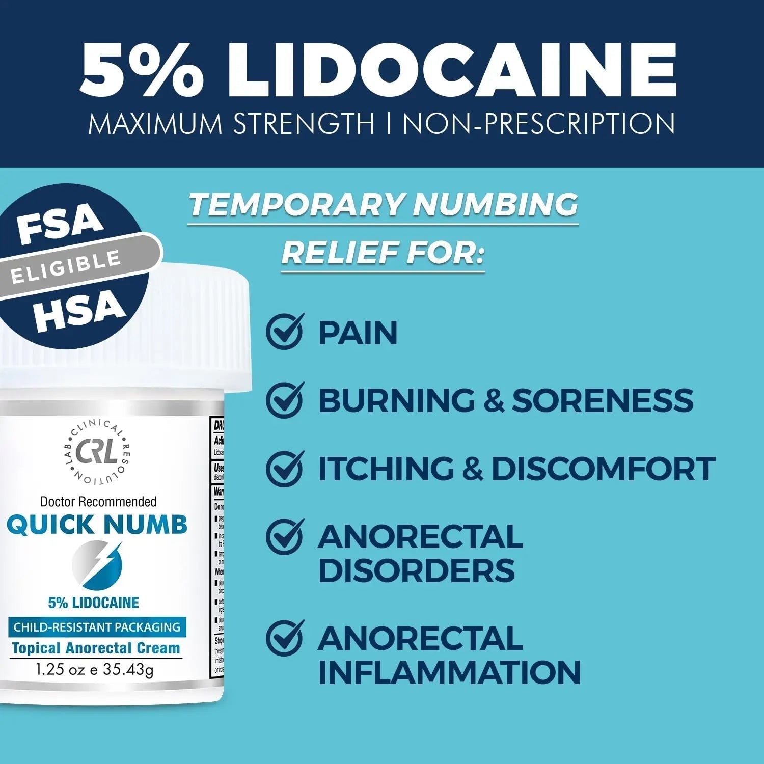 Quick Numb 5% Lidocaine Cream Maximum Strength Liposomal, Fast Itch Burn Pain Relief Cream with Aloe Allantoin Vitamin E, Gentle on Skin Support Healing Hemorrhoid Treatment 1.25 oz - Maple Wellness Supplements
