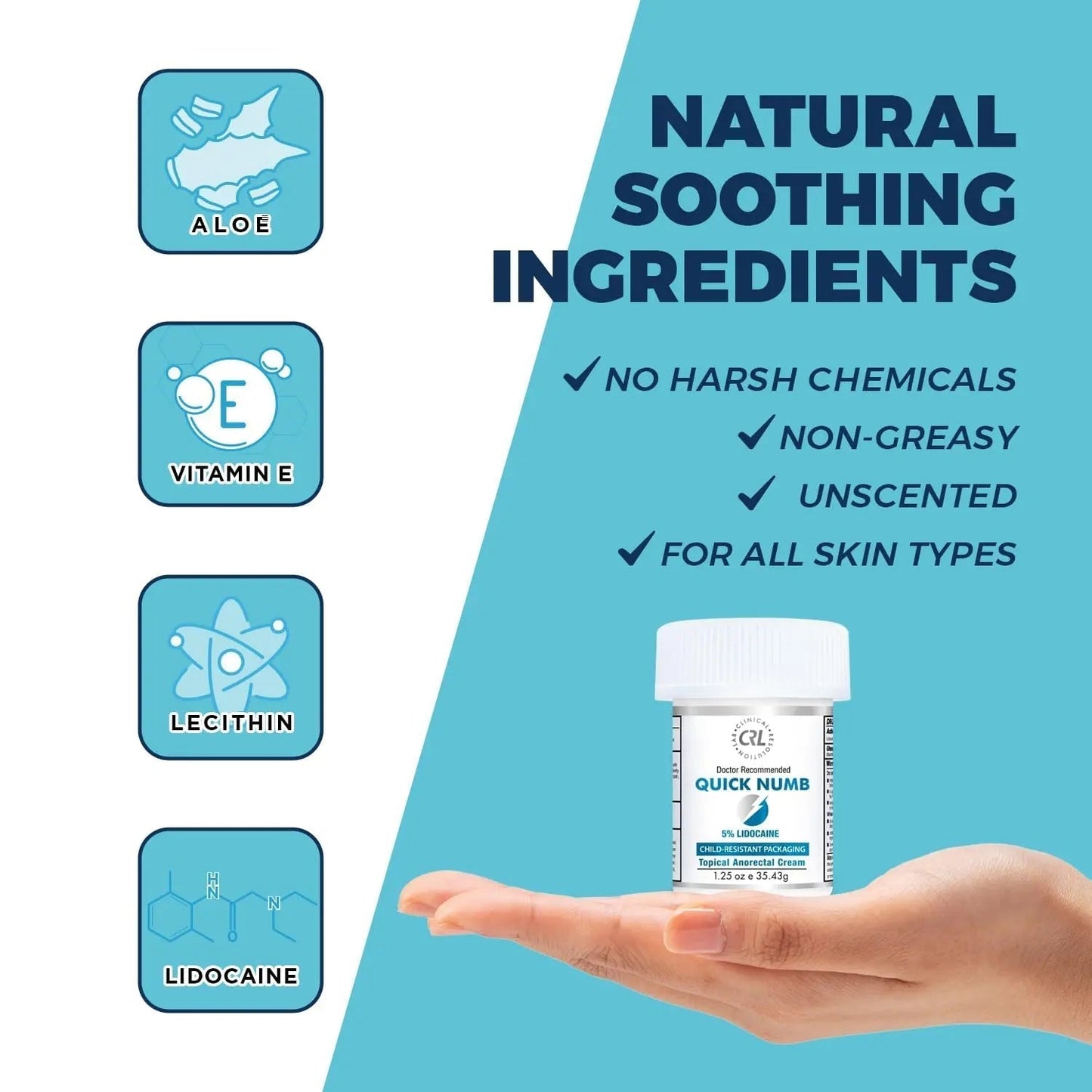 Quick Numb 5% Lidocaine Cream Maximum Strength Liposomal, Fast Itch Burn Pain Relief Cream with Aloe Allantoin Vitamin E, Gentle on Skin Support Healing Hemorrhoid Treatment 1.25 oz - Maple Wellness Supplements