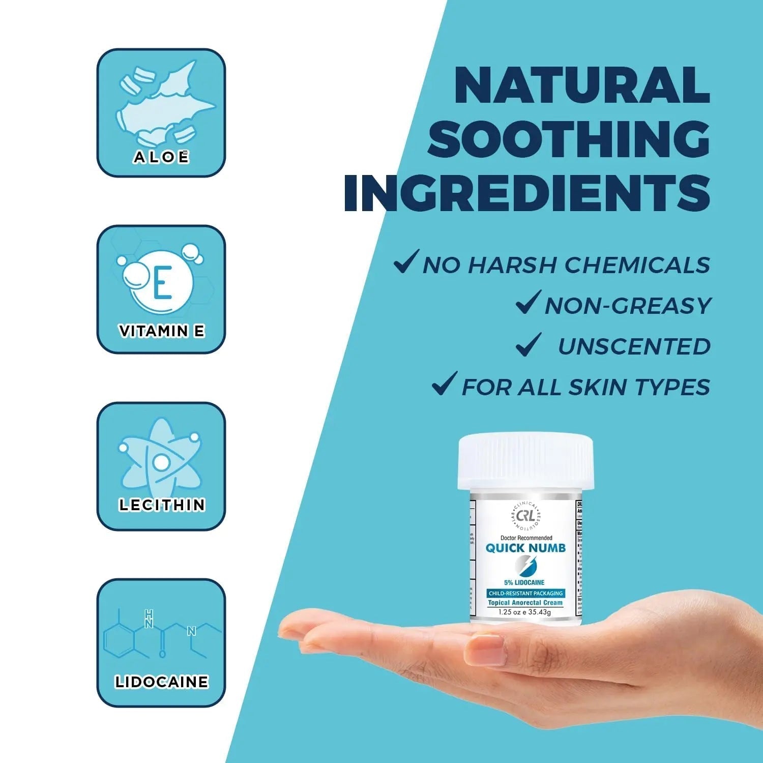 Quick Numb 5% Lidocaine Cream Maximum Strength Liposomal, Fast Itch Burn Pain Relief Cream with Aloe Allantoin Vitamin E, Gentle on Skin Support Healing Hemorrhoid Treatment 1.25 oz - Maple Wellness Supplements