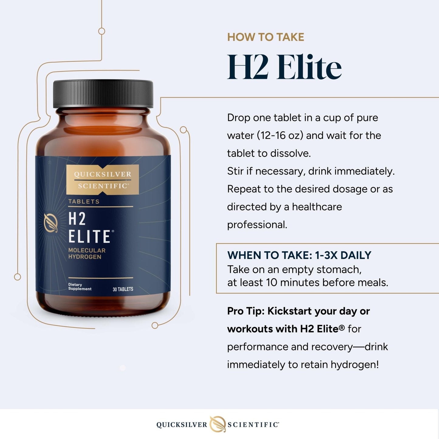 Quicksilver Scientific H2 Elite - Molecular Hydrogen for Energy + Metabolism Support, Water Tablets Perfect for Open Containers - Magnesium Malate Drink Additive (30 Molecular Hydrogen Tablets) - Maple Wellness Supplements