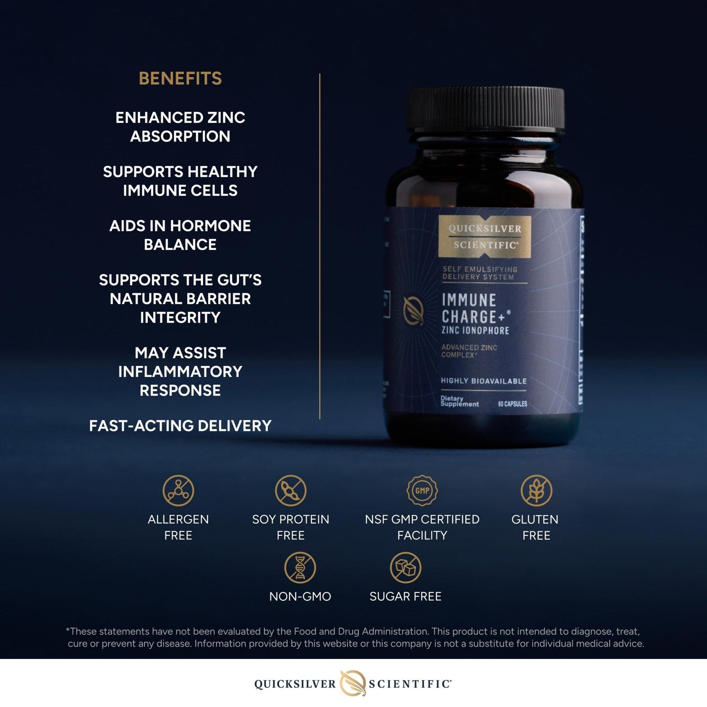Quicksilver Scientific Immune Charge+ Zinc Ionophore - Zinc Supplement Complexed with Quercetin, Luteolin, Hesperetin Immune + GI Support (60 Capsules) - Maple Wellness Supplements