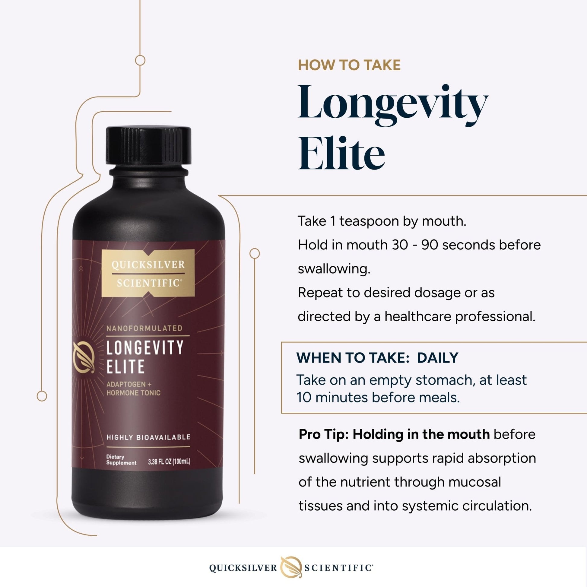 Quicksilver Scientific Longevity Elite - Liposomal Adaptogen + Pregnenolone Tonic - Herbal Supplements Designed for Age Optimization Support While Targeting AMPK, Sirtuins + Telomeres (100ml) - Maple Wellness Supplements