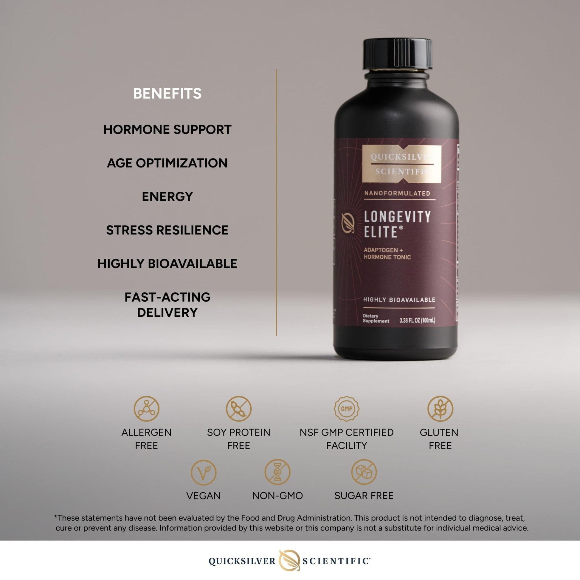 Quicksilver Scientific Longevity Elite - Liposomal Adaptogen + Pregnenolone Tonic - Herbal Supplements Designed for Age Optimization Support While Targeting AMPK, Sirtuins + Telomeres (100ml) - Maple Wellness Supplements