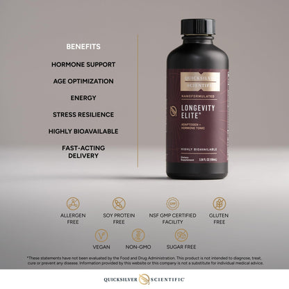 Quicksilver Scientific Longevity Elite - Liposomal Adaptogen + Pregnenolone Tonic - Herbal Supplements Designed for Age Optimization Support While Targeting AMPK, Sirtuins + Telomeres (100ml) - Maple Wellness Supplements