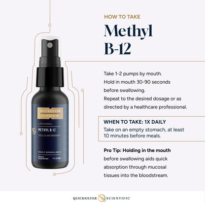 Quicksilver Scientific Methyl B12-1000mcg Vitamin B12 as Methylcobalamin - with Nano Technology for Superior Absorption - Supportive Energy Supplement (30ml / 90 Servings) - Maple Wellness Supplements