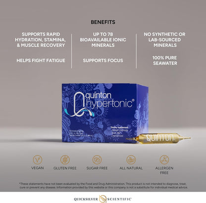 Quicksilver Scientific Original Quinton Hypertonic Solution - Sea Water Hydration - Liquid Minerals with Electrolytes for Muscle Recovery, Stamina+Mineral Replenishment (30 Single Serving Glass Vials) - Maple Wellness Supplements