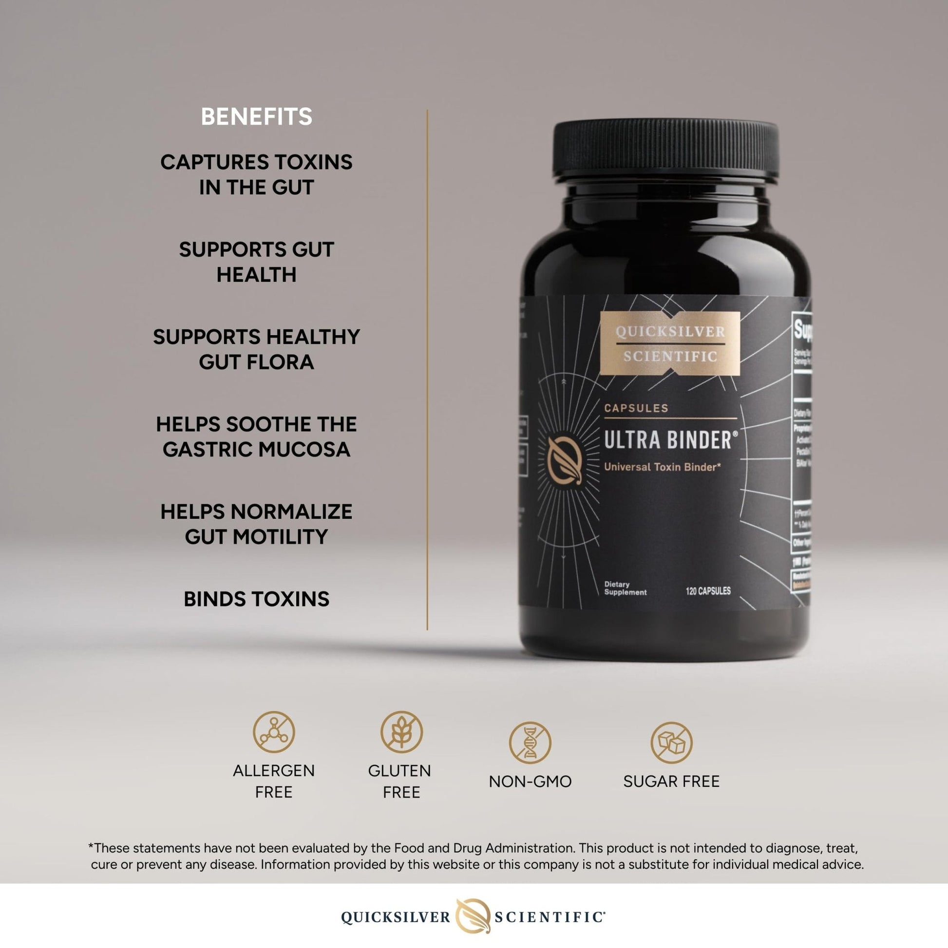 Quicksilver Scientific Ultra Binder - Multi Toxin Binder with Bentonite Clay Powder, Zeolite Detox & Charcoal - Supplement for Gut Support & The Body's Toxin Removal Process (120 Capsules) - Maple Wellness Supplements