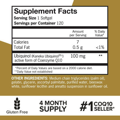 Qunol 100mg Ubiquinol, Powerful Antioxidant for Heart & Vascular Health, Essential for Energy Production - Maple Wellness Supplements