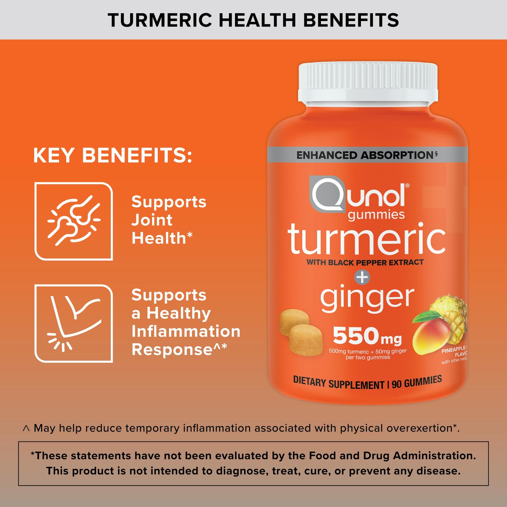 Qunol Turmeric and Ginger with Black Pepper Gummies, Turmeric Curcumin Supplement, Joint Health Support Gummy, 90ct Gummies - Maple Wellness Supplements